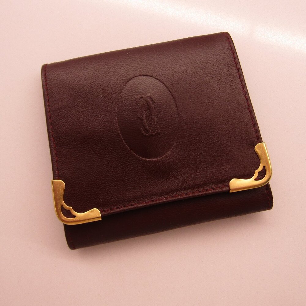 Cartier Paris Small Burgundy Bordeaux Leather Wallet Coin Purse Pouch